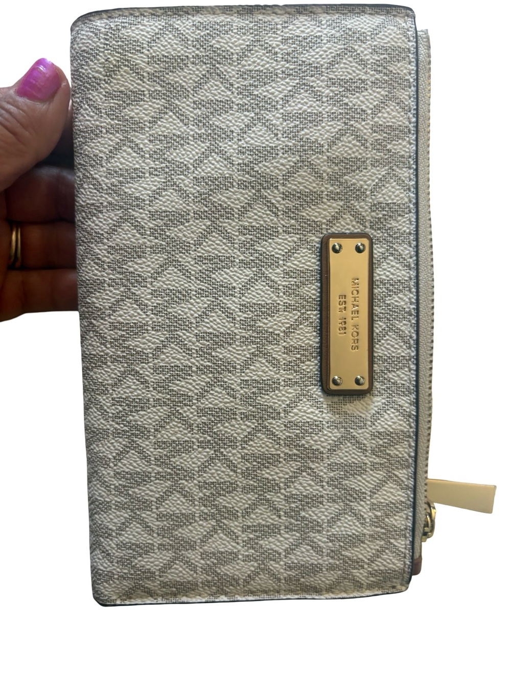 Michael Kors Beige Monogram Zip Wallet with Gold Plaque